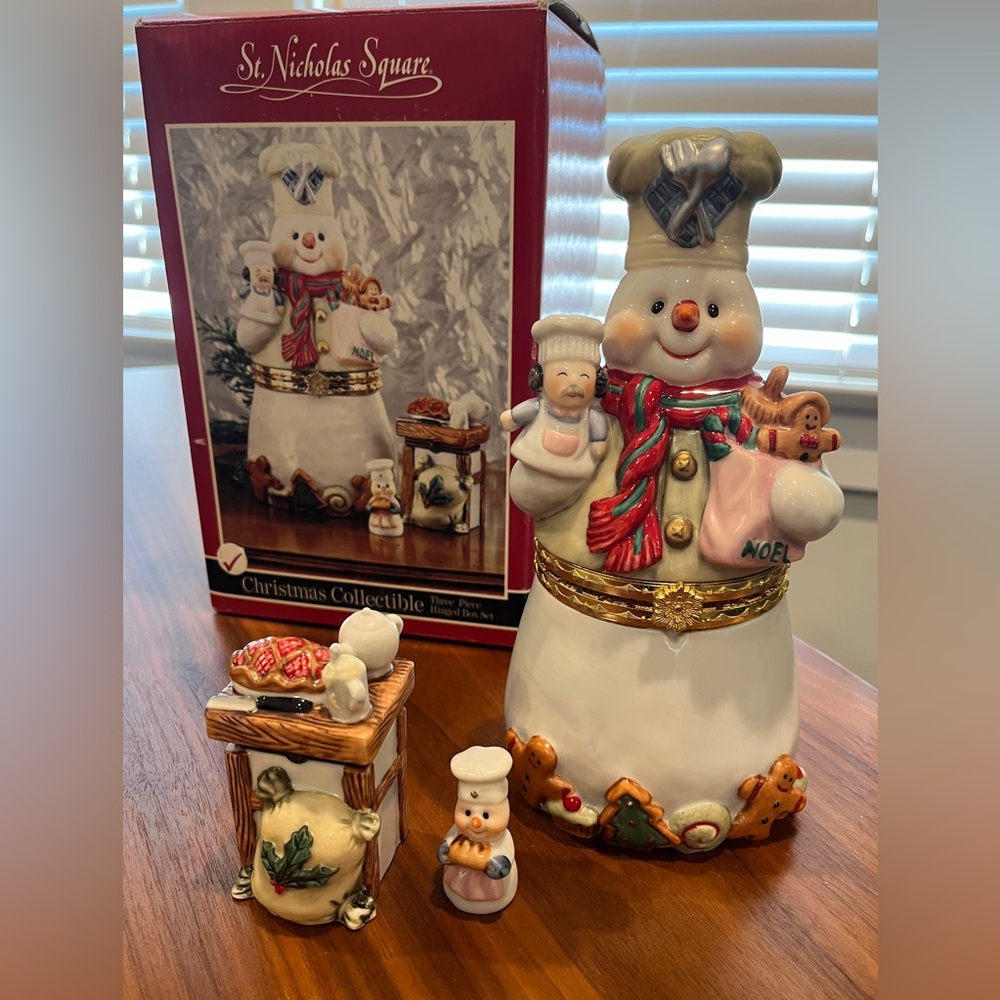 St Nicholas Square 3 Piece Christmas Snowman Trinket Box Set Bakery Baking EUC